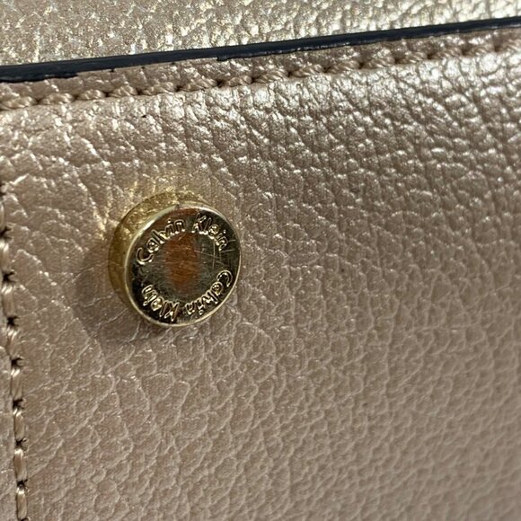 Calvin Klein Black Metallic Gold Tan Structured Satchel Buckle Lock Key EUC - Picture 7 of 16